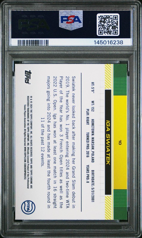 145016238 Iga Swiatek 2024 Topps Chrome #10 Purple/Green Refractor /150 PSA 10 view 2