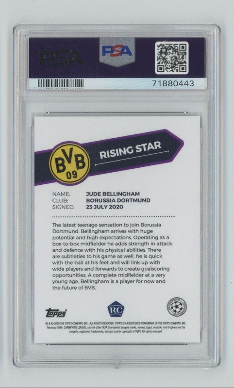 2020 Topps On Demand UCL SS Rising Star PURPLE Jude Bellingham Rookie /25 PSA 10 view 2
