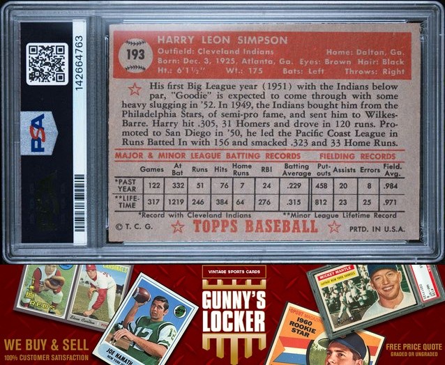 1952 Topps Harry Simpson 193 Cleveland Indians PSA 5 view 2