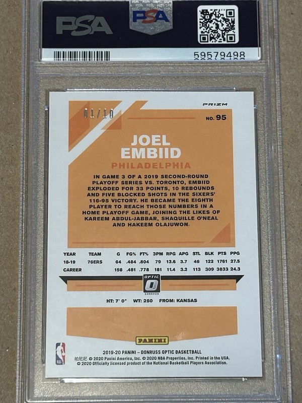 2019-20 Panini Donruss Optic Gold #95 Joel Embiid /10  PSA 10!! POP 3!! view 2