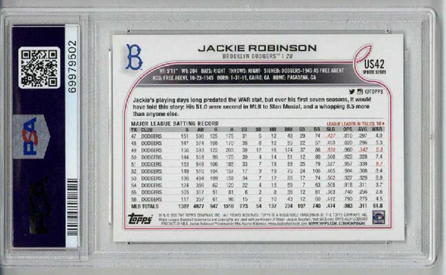 2022 TOPPS UPDATE #US42 JACKIE ROBINSON CARD DODGERS PSA 10 SSP LOW POP RARE view 2