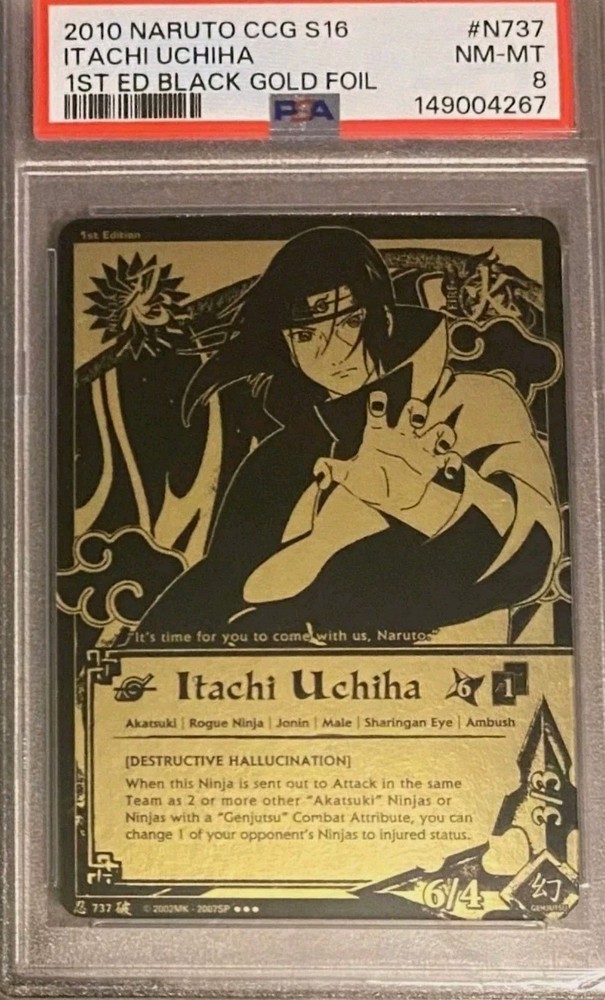 Bandai 2010 Naruto CCG Itachi Uchiha 1st Edition Black Gold Foil PSA 8 N-737