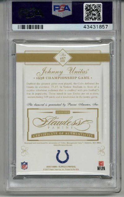 2016 PANINI FLAWLESS #137 JOHNNY UNITAS CARD LE 04/11 COLTS PSA 10 LOW POP RARE view 2