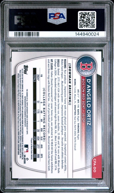D'Angelo Ortiz 2025 Bowman Orange Wave Refractor Chrome Auto 1st RC /25 PSA 10 view 2