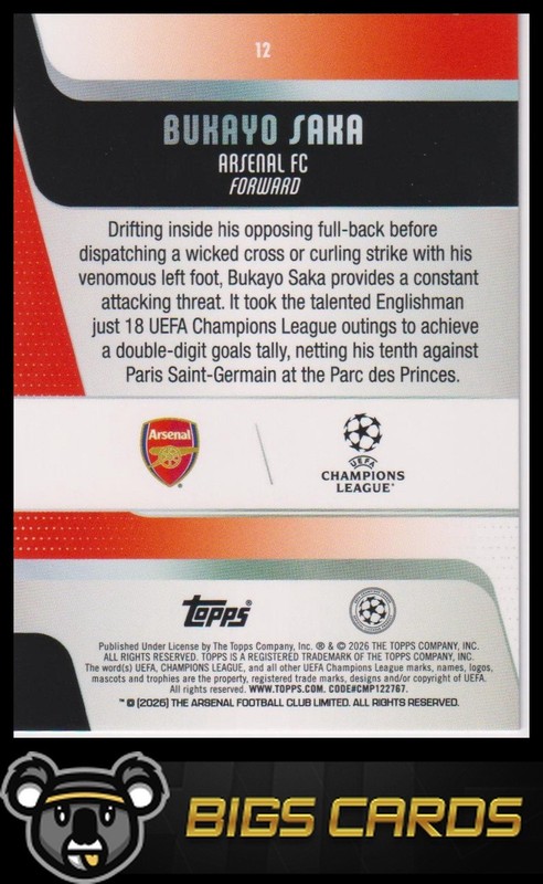 2025-26 Topps UEFA Club Competitions #12 Bukayo Saka Purple Sparkle #/250 view 2