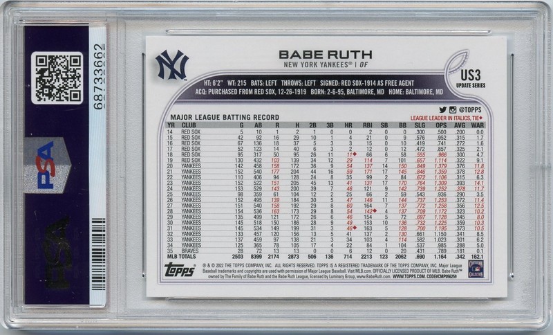 BABE RUTH 2022 TOPPS UPDATE SP IMAGE #US3 BABE RUTH PSA 10 GEM 💎 MINT HOF view 2