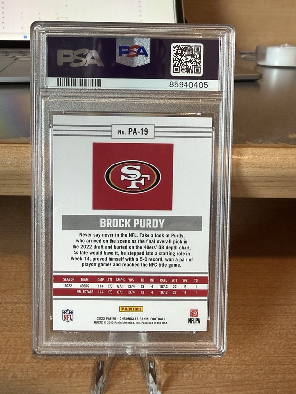 2022 Panini Chronicles Panini Football Brock Purdy 49ers RC Card #PA-19 PSA 8 view 2