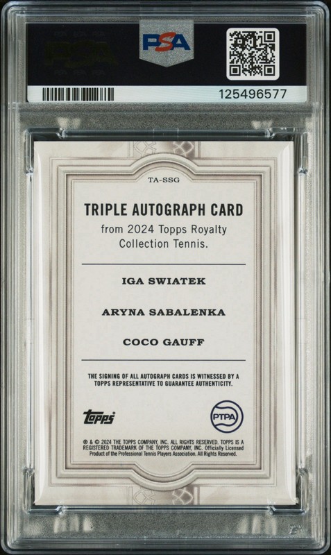 Iga Swiatek Aryna Sabalenka Coco Gauff 2024 Topps Royalty Triple Auto /25 PSA 9 view 2
