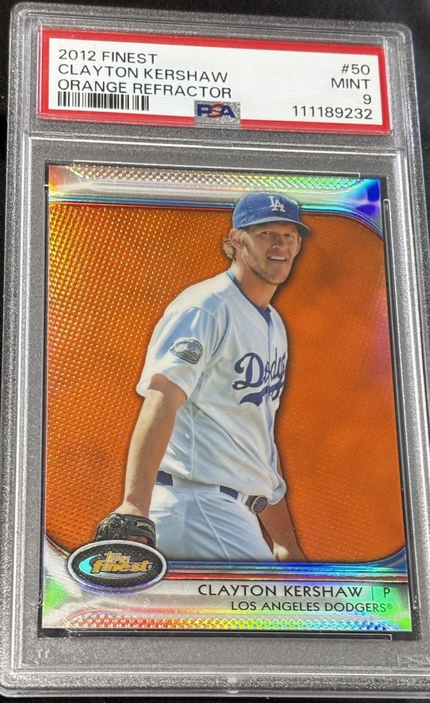Rare 2012 Clayton Kershaw Topps Finest Orange Refractor 52/99 #50 GEM PSA - 9