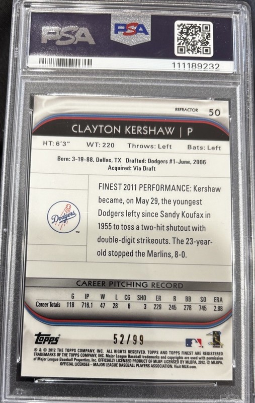 Rare 2012 Clayton Kershaw Topps Finest Orange Refractor 52/99 #50 GEM PSA - 9 view 2