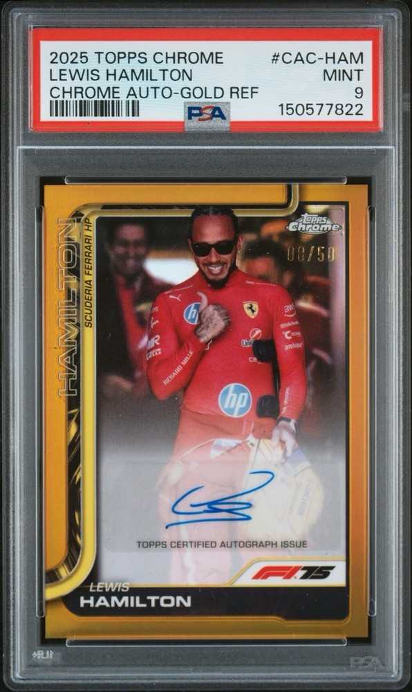 2025 TOPPS CHROME FORMULA 1 LEWIS HAMILTON GOLD /50 AUTO PSA 9 1st GOLD HAM EVER