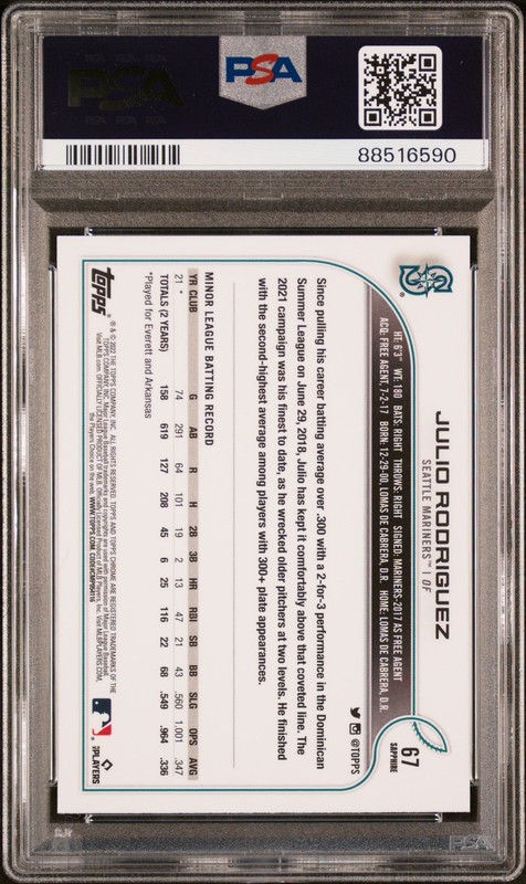 2022 TOPPS CHROME SAPPHIRE ED #67 JULIO RODRIGUEZ ROOKIE RC PSA 10 view 2