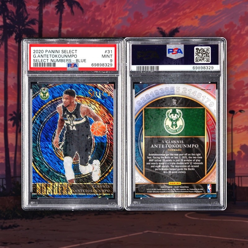 Giannis Antetokounmpo 2020 Panini Select #31 PSA 9 Numbers Blue Prizm Bucks view 2
