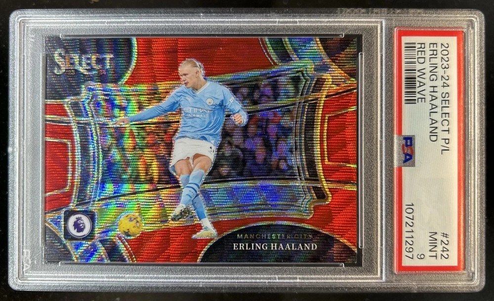 2023-24 Panini Select P/L Erling Haaland Red Wave Prizm Field Level #/149 PSA 9