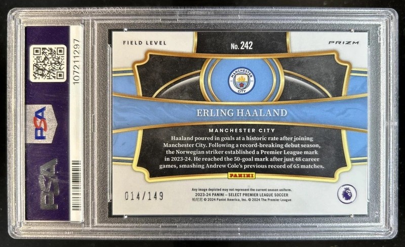 2023-24 Panini Select P/L Erling Haaland Red Wave Prizm Field Level #/149 PSA 9 view 2