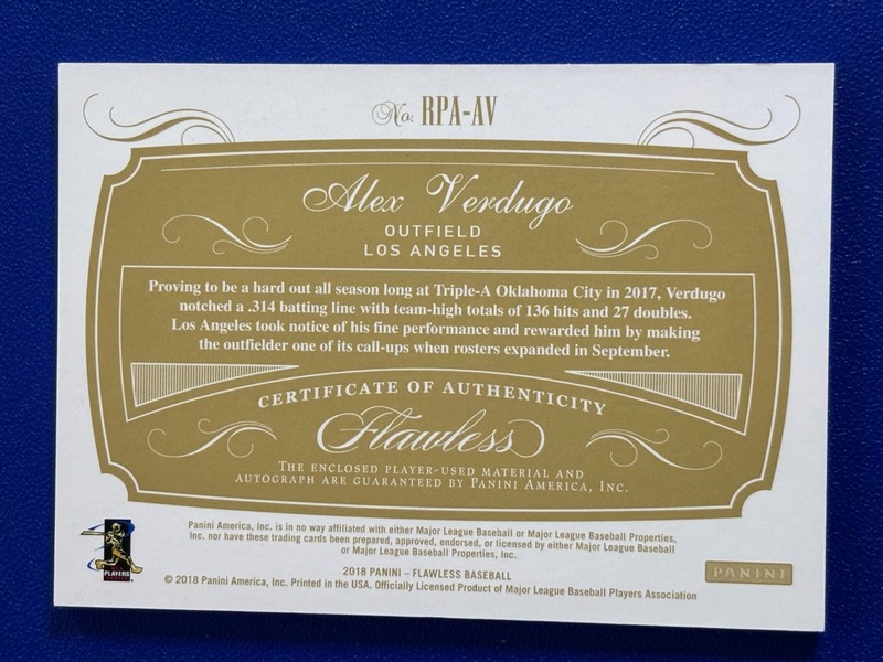 2018 Panini Flawless Baseball Ruby Jersey Patch Auto RC #RPA-AV Alex VERDUGO /20 view 2