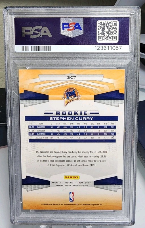 2009-10 Panini Stephen Curry  #307 Golden State Warriors Rookie RC PSA 8 NM-MT view 2