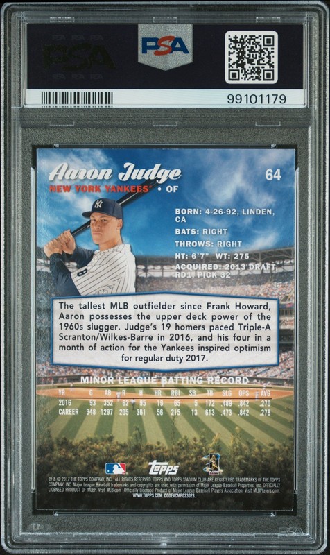 2017 Topps Stadium Club #64 Aaron Judge RC Rookie PSA 9 99101179 view 2