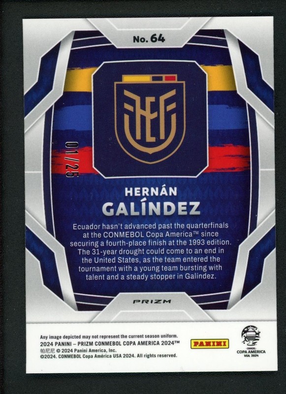 2024 Hernan Galindez 01/25 Panini Prizm Conmebol Copa America Orange RC Rookie view 2
