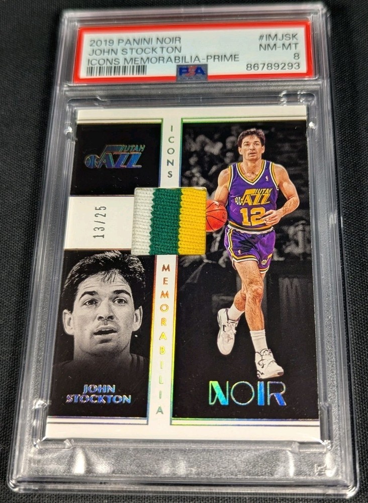 PSA 8 1/1 JSY /25 JOHN STOCKTON GAME WORN/USED 🚨3 CLR PATCH 2019-20 Panini Noir