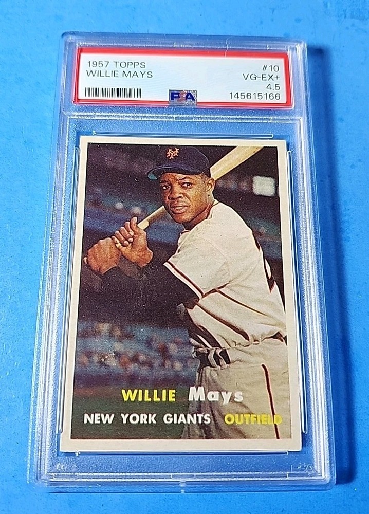 1957 TOPPS BASEBALL #10 WILLIE MAYS PSA 4.5 compare