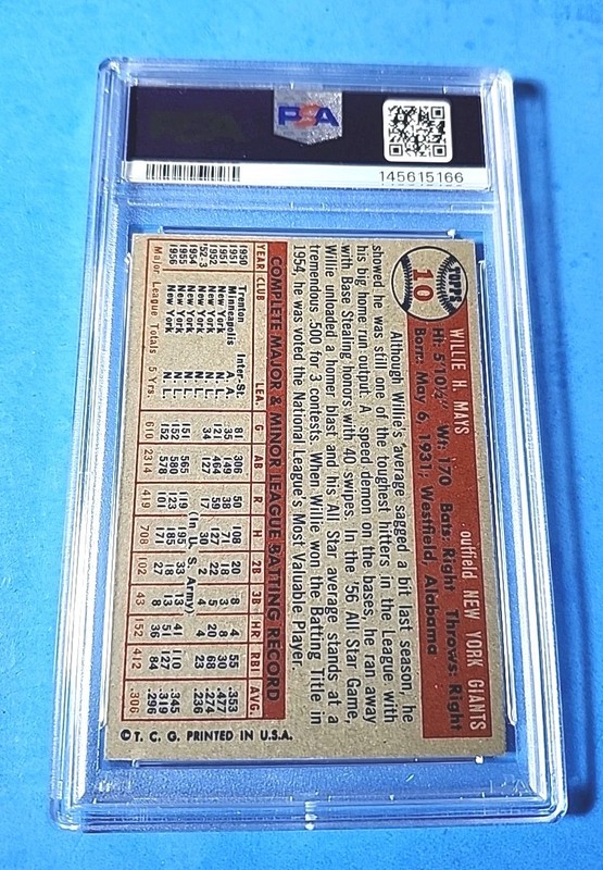 1957 TOPPS BASEBALL #10 WILLIE MAYS PSA 4.5 compare view 2