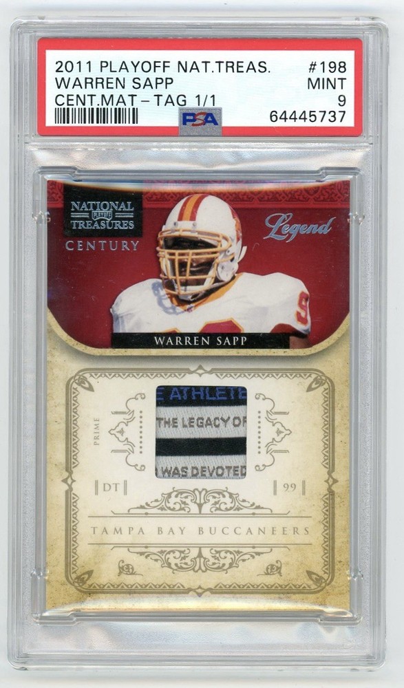2011 Playoff National Treasures Warren Sapp Game Used Tag Patch 1/1 PSA 9 HOF