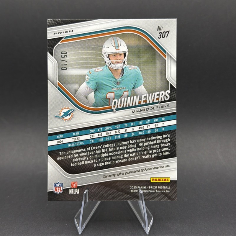 2025 Panini Prizm Quinn Ewers #307 Rookie Gold Prizm Auto /10 Dolphins view 2