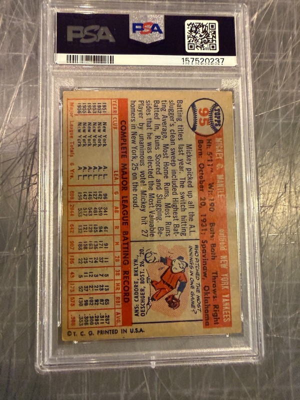 1957 TOPPS #95 MICKEY MANTLE NEW YORK YANKEES BASEBALL CARD Psa VG 237 view 2