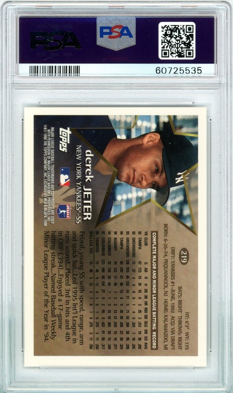 1996 Topps TEAM TOPPS #219 DEREK JETER RC Rookie YANKEES HOF PSA 9 view 2