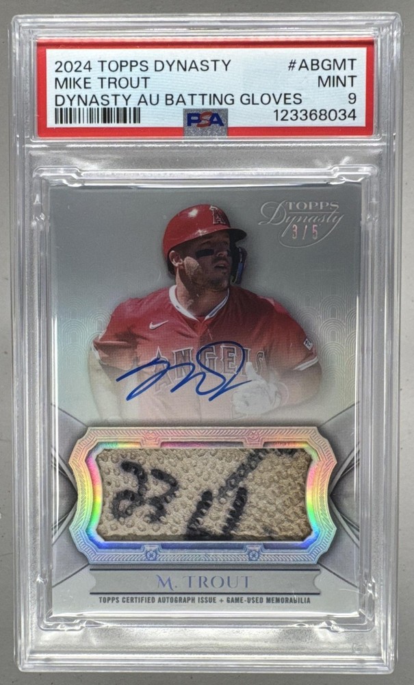 Mike Trout 2024 Topps Dynasty GU Batting Glove Patch Auto 3/5 PSA 9 SLAB DAMAGE