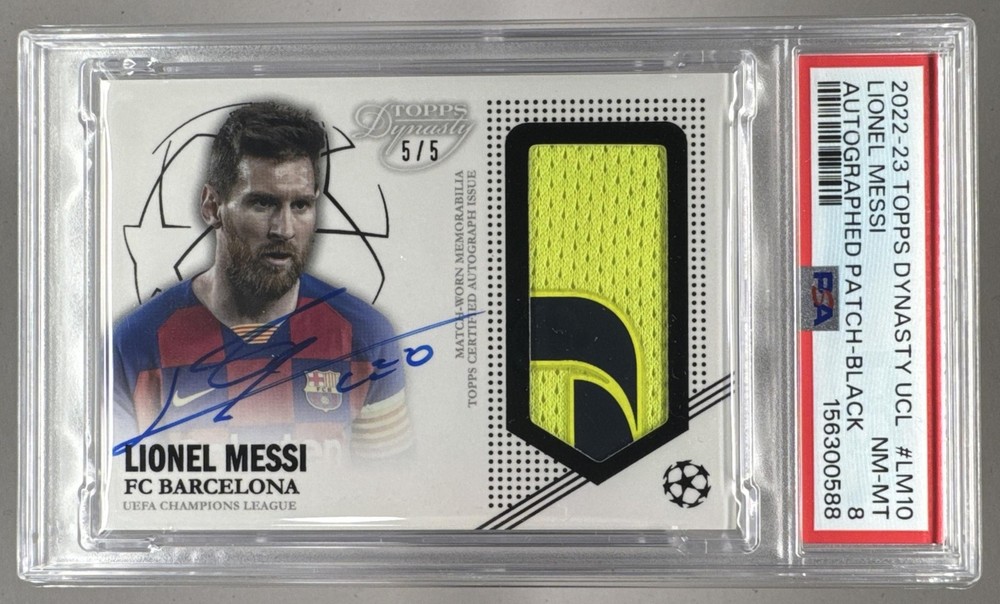Lionel Messi 2022 Topps Dynasty UEFA UCL Black Patch Auto 5/5 PSA 8
