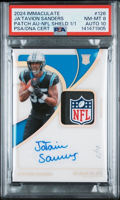 2024 IMMACULATE JA'TAVION SANDERS NFL SHIELD 1/1 ROOKIE PATCH AUTO PSA 8 AUTO 10 view 2