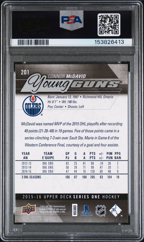 2015-16 Upper Deck 1 Series Connor McDavid Young Guns #201 Oilers PSA 8 NM-Mint view 2
