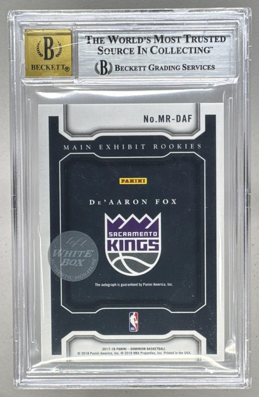 De'Aaron Fox 2017 Panini Dominion White Box Main Exhibit RC Auto 1/1 BGS 8.5/10 view 2