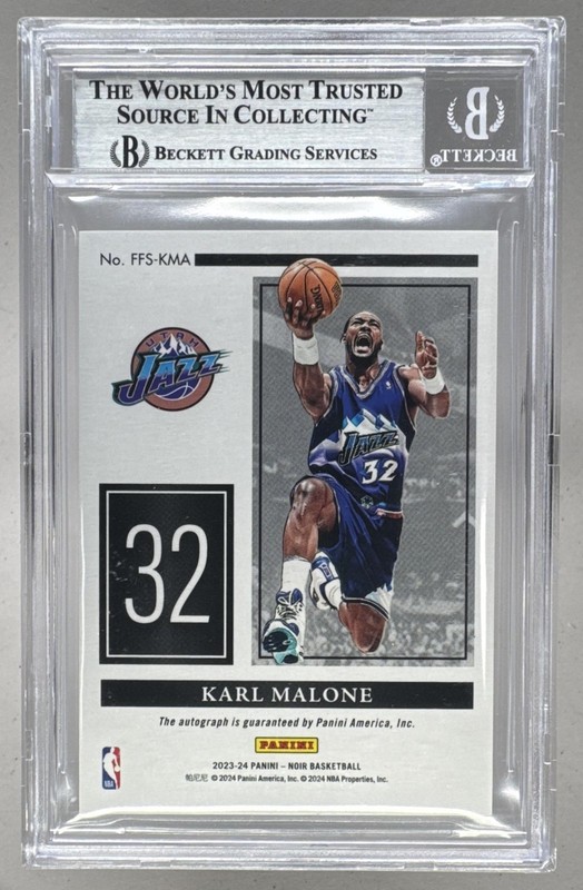 Karl Malone 2023 Panini Noir #FFS-KMA Platinum Freeze Frame Auto 1/1 BGS 8 view 2