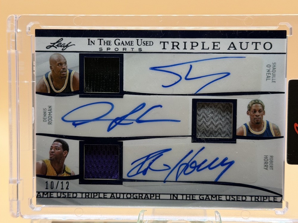 2025 Leaf In The Game Used TRIPLE PATCH AUTO SHAQ RODMAN HORRY 99’ LAKERS #10/12