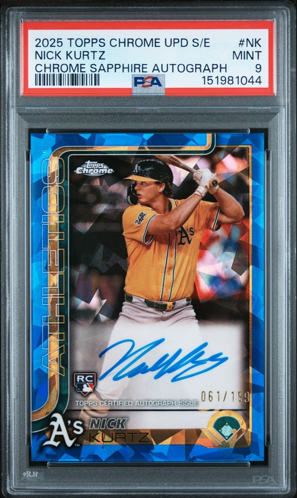 1044 Nick Kurtz 2025 Topps Chrome Update Sapphire #USA-NK RC Auto /199 PSA 9