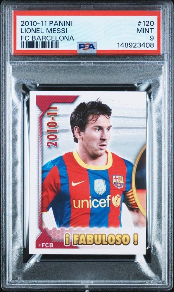 148923408 Lionel Messi 2010 Panini FC Barcelona Stickers #120 PSA 9