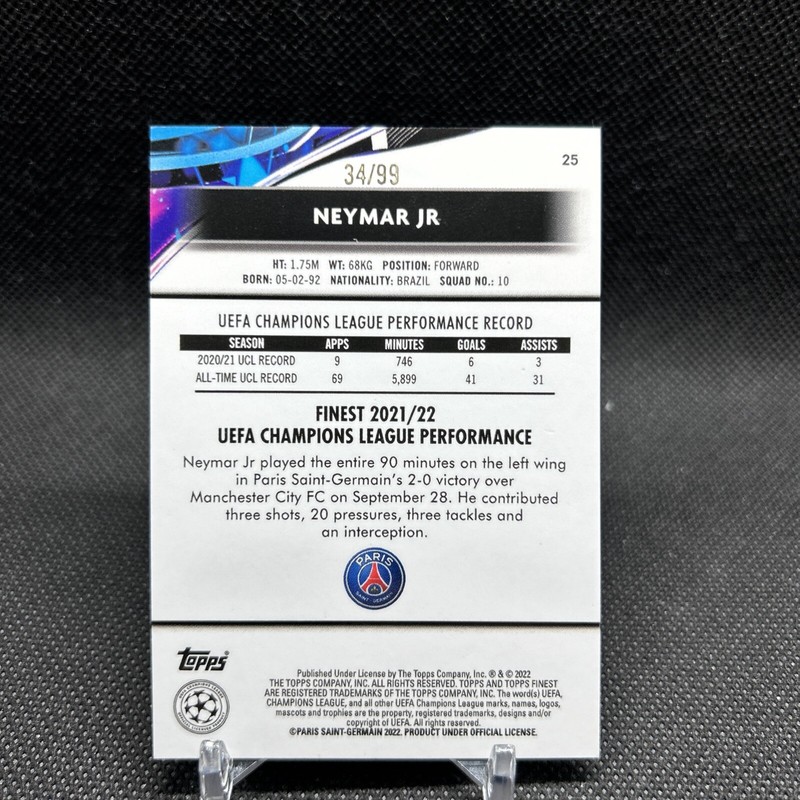 2021-22 Topps Finest UCL Neon Green Refractor /99 Neymar Jr #25 view 2