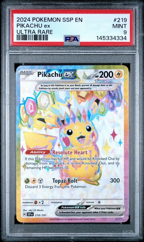 2024 Pokemon Surging Sparks #219 Pikachu EX Ultra Rare PSA 9 Card MINT Free Ship