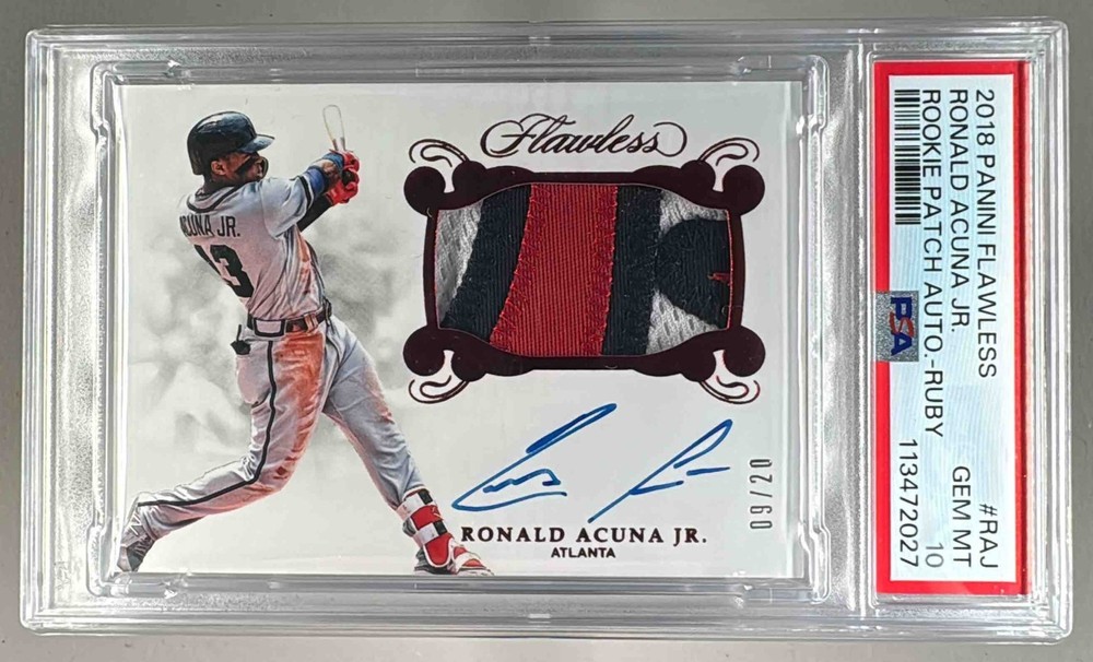Ronald Acuna Jr 2018 Panini Flawless Ruby Rookie Patch Auto RC 9/20 PSA 10