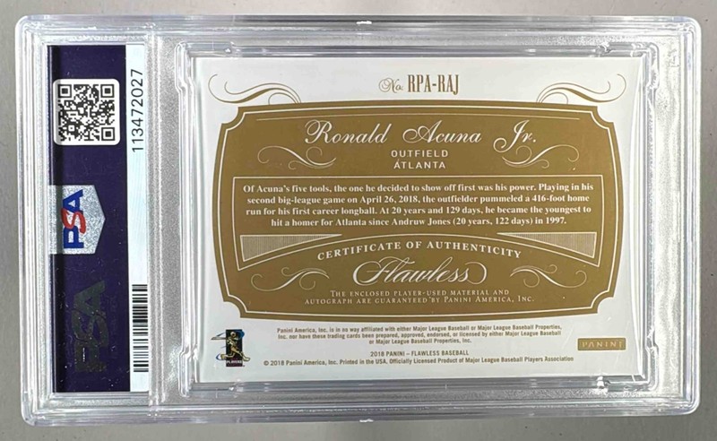Ronald Acuna Jr 2018 Panini Flawless Ruby Rookie Patch Auto RC 9/20 PSA 10 view 2
