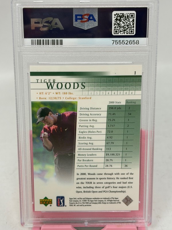 2001 Upper Deck Golf Tiger Woods #1 PSA 10 GEM MINT Rookie Card RC view 2