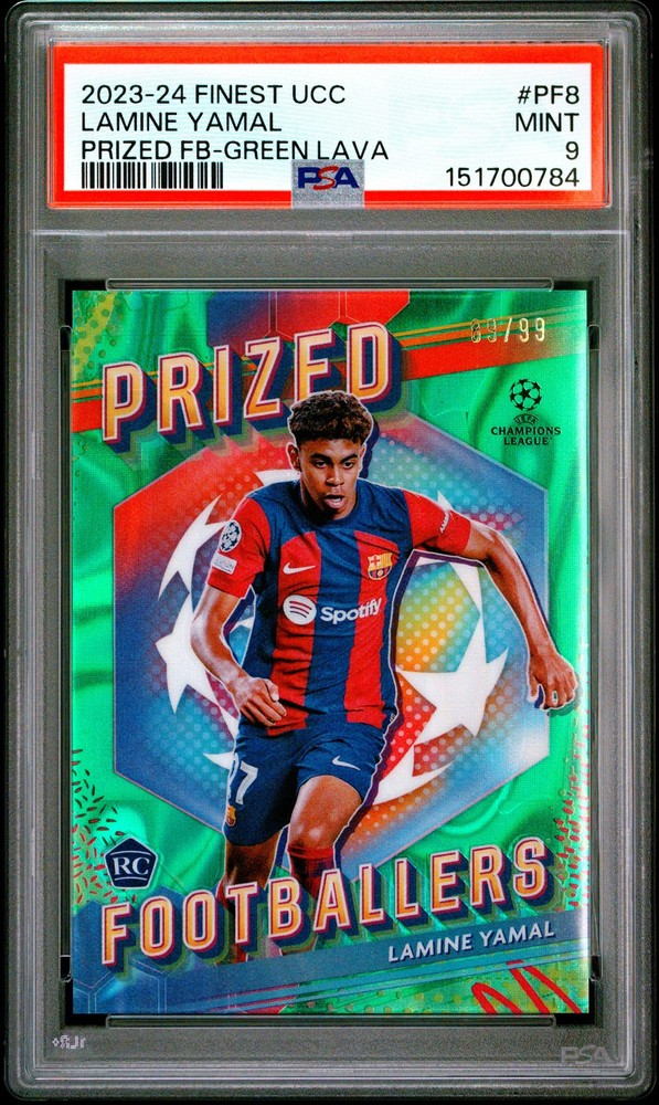 0784 Lamine Yamal 2023 Topps Finest UEFA Green Lava Prized RC /99 PSA 9