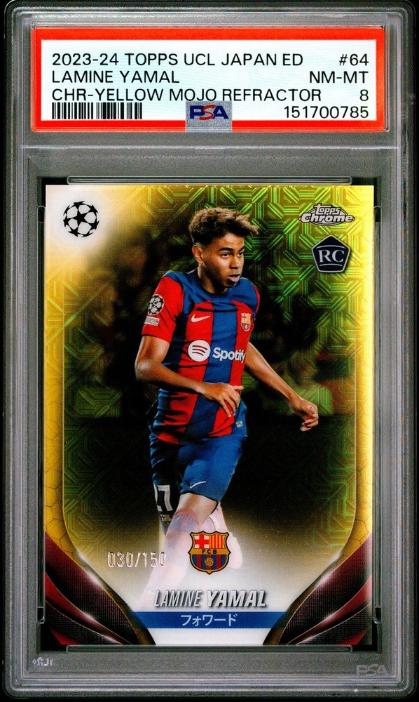 Lamine Yamal 2023 Topps Chrome UEFA Japan Yellow Mojo Refractor RC /150 PSA 8