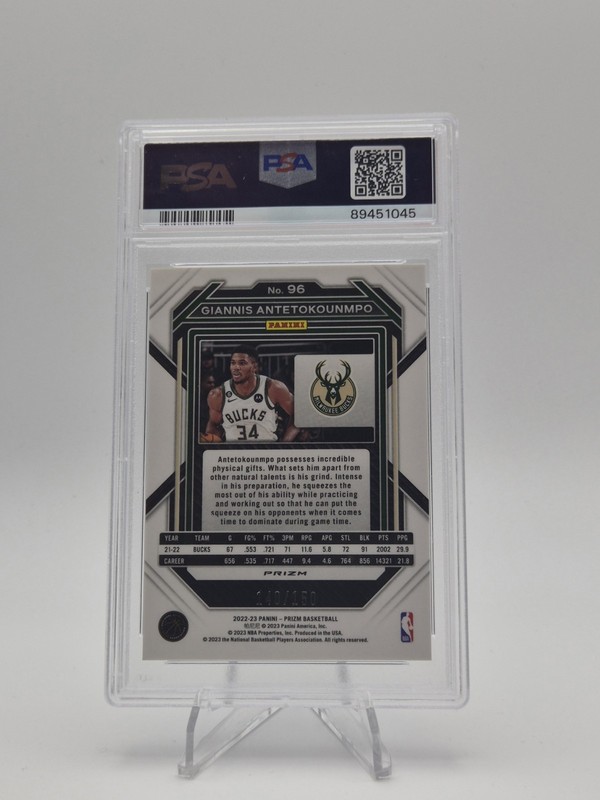 2022-23 Panini Prizm Giannis Antetokounmpo #96 Fast Break Blue Prizm /150 PSA 9 view 2