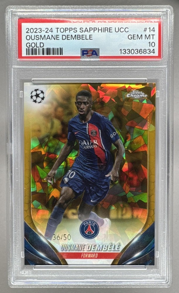 133036834 Ousmane Dembele 2024 Topps Chrome Sapphire UEFA #109 Gold /50 PSA 10
