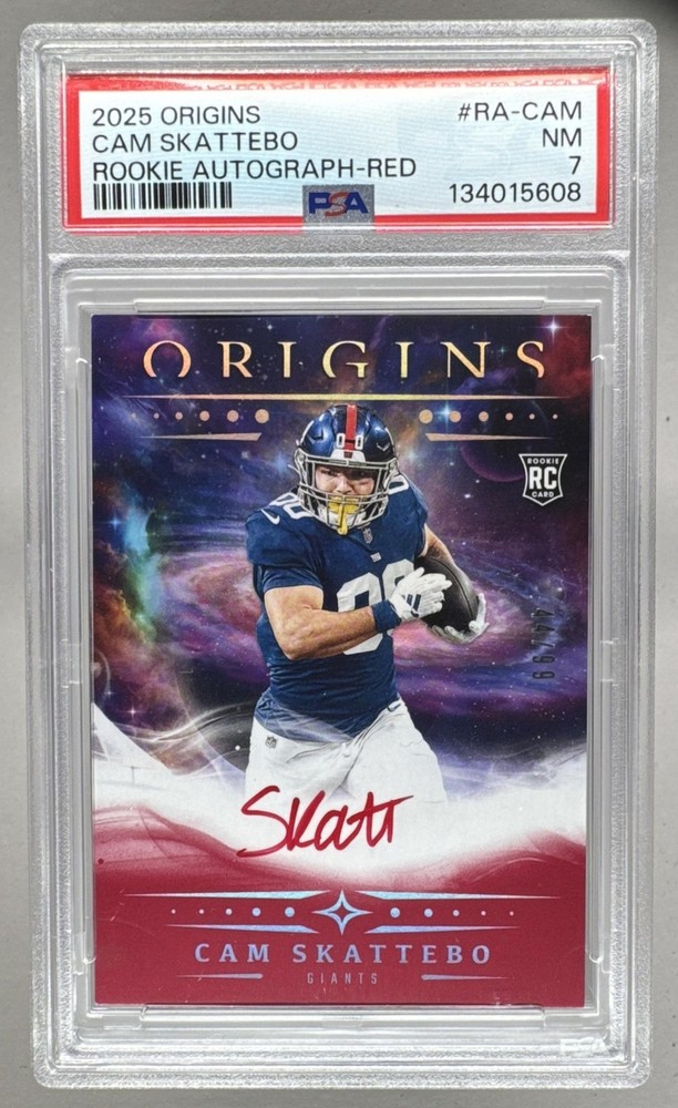 134015608 Cam Skattebo 2025 Panini Origins #RA-CAM Red Rookie RC Auto /99 PSA 7