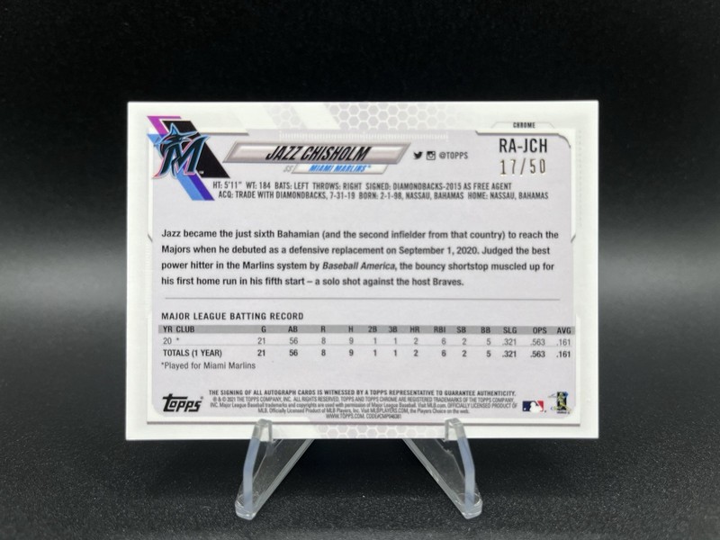 2021 Topps Chrome Rookie Gold Refractor 17/50 Jazz Chisholm #RA-JCH Auto RC view 2